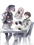  1boy 2girls atlas_academy_uniform black_gloves black_hair black_shirt black_thighhighs breasts carimarica collared_shirt commentary_request cup dress drinking fate/grand_order fate_(series) fujimaru_ritsuka_(male) fujimaru_ritsuka_(male)_(decisive_battle_chaldea_uniform) glasses gloves green_necktie hair_between_eyes hat highres holding holding_cup jacket long_hair long_sleeves mash_kyrielight mash_kyrielight_(chaldea_uniform) multiple_girls necktie open_mouth pants purple_eyes purple_hair purple_hat purple_vest shirt short_hair simple_background sion_eltnam_(type-moon) sion_eltnam_sokaris skirt smile table thighhighs twintails vest white_background white_jacket white_shirt white_skirt 