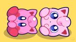  blue_eyes blush_stickers commentary company_connection cosplay creature creature_focus crossover english_commentary jigglypuff jigglypuff_(cosplay) kirby kirby_(series) look-alike looking_at_viewer marikyuunn no_humans photo-referenced pokemon pokemon_(creature) simple_background super_smash_bros. thick_lineart yellow_background 