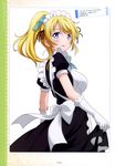  absurdres apron ayase_eli black_dress blonde_hair blue_eyes dress earrings gloves high_ponytail highres jewelry long_hair love_live! love_live!_school_idol_project maid maid_headdress marugoshi_teppei official_art skirt_hold solo white_apron white_gloves 