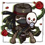 1boy androgynous bandaged_hand bandages black_boots black_hair black_mask blunt_ends boots brown_cape brown_eyes brown_jacket brown_pants buttons cape chibi collared_jacket commentary_request covered_mouth danganronpa_(series) danganronpa_v3:_killing_harmony drop_shadow floating_hair flower gakuran hat high_heel_boots high_heels holding holding_mask jacket knee_boots long_hair long_sleeves lowres male_focus mask mouth_mask na_no_(nanoatm) noh_mask outside_border pale_skin pants peaked_cap petals picture_frame plant pocket red_flower red_rose rose rose_petals school_uniform shinguji_korekiyo solid_oval_eyes solo standing thorns transparent_background undershirt vines white_mask zipper 