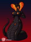 anthro apode big_breasts black_body breasts claws cleavage clothed clothing cobra countershade_torso countershading draconcopode fangs fangs_bared female finger_claws forked_tongue genitals glowing glowing_eyes glowing_genitalia glowing_hood glowing_mouth glowing_nipples glowing_nostrils glowing_vulva grey_underbelly hi_res holding_breast iona_voss legless nipples non-mammal_breasts non-mammal_nipples nude nude_anthro nude_female orange_glow orange_hood predaguy reptile rim_lighting scalie serpentine snake snake_hood solo tail teeth thick_tail tongue vulva wide_hips