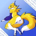 2025 anthro bandai_namco black_sclera blue_eyes butt digimon digimon_(species) digital_drawing_(artwork) digital_media_(artwork) dipstick_ears dipstick_tail ear_markings english_description female fur genitals grey_anus grey_vulva hi_res inget japanese_text looking_at_viewer markings multicolored_ears nude nude_anthro nude_female renamon solo tail tail_markings text translation_request vulva white_body white_ear_tips white_fur white_tail_tip yellow_body yellow_ears yellow_fur yellow_tail