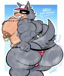  2025 4_fingers anthro arm_tuft ball_bulge baseball_cap beastars big_butt bodily_fluids bubble_butt butt canid canine canis clothed clothing digital_drawing_(artwork) digital_media_(artwork) dog_tags elbow_tuft english_description english_text exclamation_point fingers fur furryonline1 gold_piercing grey_body grey_fur hat headgear headwear hi_res legoshi_(beastars) looking_back male mammal moon muscular muscular_anthro muscular_arms muscular_male nipple_piercing nipples notched_ear piercing pink_clothing pink_thong pink_underwear rear_view sharp_teeth solo spanish_text sweat sweaty_body sweaty_butt tail teeth text text_on_clothing text_on_underwear thong topless topless_anthro tuft underwear vein veiny_muscles wolf 