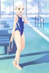  1girl barefoot bench blue_eyes blue_swimsuit brown_hair commentary_request competition_swimsuit eichisu full_body holding_goggles indoors one-piece_swimsuit open_mouth original pool pool_ladder poolside shadow smile solo swim_cap swimsuit white_swimcap 
