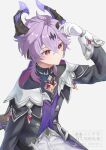  1boy crossed_bangs dragon_boy dragon_horns dragon_tail durin_(genshin_impact) genshin_impact gloves highres horns light_blush long_sleeves male_focus purple_hair solo suya_(suya_ny) tail white_background white_gloves 