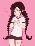  1girl blush braid brown_eyes brown_hair closed_mouth commentary_request cowboy_shot danganronpa:_trigger_happy_havoc danganronpa_(series) fukawa_toko gym_shirt gym_uniform hair_between_eyes heart jingjingaru long_hair mole mole_under_mouth no_eyewear pink_background scar scar_on_leg shirt short_sleeves simple_background smile solo tally twin_braids twintails white_shirt 