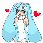  1boy animal_ears blue_hair blush bodysuit commentary detached_sleeves fur-trimmed_sleeves fur_trim heart kenma-kun koushinism leotard open_mouth rabbit_ears red_eyes sleeveless sleeveless_bodysuit yuubinuke 