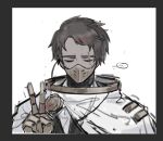  1boy brown_hair cape closed_eyes dark-skinned_male dark_skin gold_trim hand_up hubert_(project_moon) library_of_ruina male_focus mask mechanical_gloves mouth_mask pipi1359 project_moon scar scar_across_eye scar_across_eyebrow scar_on_face simple_background solo v white_background white_cape 