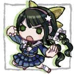  1girl bell blue_serafuku blue_shirt blue_skirt blunt_bangs blush_stickers bow bowtie breasts brown_sandals buttons chabashira_tenko chibi choker commentary_request danganronpa_(series) danganronpa_v3:_killing_harmony determined drop_shadow eyelashes fighting_stance floating_hair floral_print frilled_skirt frills frown green_bow green_eyes green_hair hair_bow hair_ornament hairband kneehighs large_breasts long_hair long_sleeves low_twintails lowres midriff miniskirt mole mole_under_mouth multi-tied_hair multiple_hair_bows na_no_(nanoatm) neck_bell open_mouth outside_border picture_frame pink_choker pocket print_bow purple_hairband sandals school_uniform serafuku shirt skirt skirt_set socks solid_circle_eyes solo transparent_background twintails v-shaped_eyebrows very_long_hair white_bow white_bowtie white_socks 