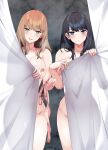  2girls black_hair blue_eyes blush bra breasts brown_hair completely_nude curtains green_eyes gridman_universe highres long_hair looking_at_viewer medium_breasts minami_yume multiple_girls nipples nude open_mouth shirosuzu smile ssss.dynazenon ssss.gridman takarada_rikka thighs underwear unworn_bra 