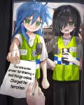  1other 2girls :3 absurdres ahoge black_hair blue_hair blush_stickers cellphone commentary crossover english_commentary english_text green_eyes green_vest hair_between_eyes hair_over_one_eye highres holding holding_paper holding_phone izumi_konata kagana_helsuki kuroki_tomoko lucky_star multiple_girls open_mouth paper phone police_badge pov pov_hands smartphone sweat vest walkie-talkie watashi_ga_motenai_no_wa_dou_kangaetemo_omaera_ga_warui! 