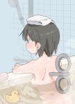  1girl armpits ass bath bathtub black_eyes black_hair blush breasts closed_mouth commentary completely_nude from_behind highres indoors medium_breasts nichijou nude rubber_duck shinonome_nano short_hair sideboob soap solo tile_wall tiles towel towel_on_head water wichimi winding_key 