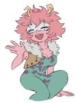  1girl antennae ashido_mina bodysuit boku_no_hero_academia breasts brown_vest cleavage closed_eyes colored_skin cropped_vest eye_mask feet_out_of_frame fur-trimmed_vest fur_trim green_bodysuit mask medium_breasts nununanu open_mouth pink_hair pink_skin short_hair sitting smile solo vest white_background 
