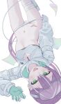  1girl :d absurdres asymmetrical_clothes badao bibi_(tokoyami_towa) breasts claw_pose cleavage demon_tail demon_wings dot_nose ear_piercing eyewear_on_head fang gem gloves green_eyes green_gem hair_between_eyes heart highres hololive legband long_hair long_sleeves looking_at_viewer multicolored_hair navel official_alternate_costume panties panty_pull piercing pink_hair purple_gloves skin_fang small_breasts smile tail tattoo tokoyami_towa tokoyami_towa_(cyberpunk) underwear virtual_youtuber white_gloves white_hair winged_heart winged_heart_tattoo wings 