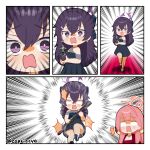  2girls aru_(blue_archive) aru_(dress)_(blue_archive) bare_shoulders black_dress blank_eyes blue_archive blue_shoes breasts capriccyo cleavage clothing_cutout commentary_request dress earrings emphasis_lines fabarm_fp6 gun hair_between_eyes halo haruka_(blue_archive) haruka_(dress)_(blue_archive) holding holding_gun holding_weapon horns jewelry long_hair medium_breasts multiple_girls open_mouth pink_hair pump_action purple_eyes purple_hair red_dress running shoes shotgun shoulder_cutout twitter_username very_long_hair wavy_mouth weapon 