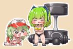  2girls all_fours animal_ear_headphones animal_ears arms_under_breasts banshee_(last_origin) barbell bikini blush_stickers braid cat_ear_headphones cat_ears chibi closed_eyes commentary_request commission dumbbell fake_animal_ears green_hair headphones highres last_origin meme micro_bikini mighty_r miniapron miniskirt multiple_girls noonnoon531 official_alternate_costume official_alternate_hairstyle pleading_eyes revealing_clothes roller_skates short_hair shrug_(clothing) simple_background skates skirt speakiposting_(meme) sports_bra sports_panties swimsuit tearing_up twin_braids waitress 