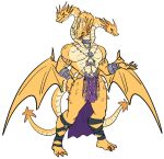 2_tails alien anthro bottomwear clothed clothing dragon european_mythology ghidorah_(species) godzilla_(series) greek_mythology hair hydra jewelry kaiju krypionraptor loincloth looking_at_viewer male multi_head multi_tail muscular muscular_anthro muscular_male mythological_creature mythological_scalie mythology purple_bottomwear purple_clothing purple_loincloth scalie silver_(metal) silver_jewelry skimpy solo tail toho white_hair wings yellow_body