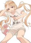  1girl arms_up bike_shorts blonde_hair brown_eyes clothes_writing commentary futaba_anzu idolmaster idolmaster_cinderella_girls long_hair looking_at_viewer low_twintails open_mouth shirt solo striped_bike_shorts striped_clothes stuffed_animal stuffed_rabbit stuffed_toy t-shirt twintails yukitake_(bullfalk) 