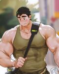  1boy bag bara beanie biceps black_hat blurry blurry_background blush broad_shoulders brown_eyes brown_hair collarbone commentary covered_abs covered_nipples earrings english_commentary green_pants green_tank_top hat highres hoonzino huge_pectorals jewelry looking_down male_focus mole mole_under_eye muscular muscular_male no_nose no_pupils original pants pectoral_cleavage pectorals shiny_skin shoulder_bag sidepec solo sweat sweat_stain tank_top thick_arms thick_eyebrows upper_body v-taper very_sweaty 