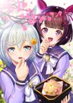  2girls animal_ears blue_eyes blunt_bangs blush bow bowtie brown_hair cherry_blossoms dated_commentary ear_covers flower food grey_hair hair_between_eyes hair_flower hair_ornament hairband hairclip highres hinamatsuri holding holding_tray horse_ears horse_girl looking_at_viewer multiple_girls nishino_flower_(umamusume) open_mouth otono_(bkt4b) pink_hairband pleated_skirt purple_eyes purple_sailor_collar purple_serafuku purple_shirt purple_skirt sailor_collar sailor_shirt school_uniform seiun_sky_(umamusume) serafuku shirt short_hair single_ear_cover skirt smile sunflower sunflower_hair_ornament tracen_school_uniform tray umamusume white_bow white_bowtie x_hair_ornament 