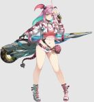  >:) 1girl ahoge aqua_hair asymmetrical_wings belt belt_pouch black_gloves boots breasts brown_eyes chest_harness closed_mouth colored_inner_hair commentary_request contrapposto crop_top demon_girl fingerless_gloves full_body gloves gradient_hair grey_background harness head_wings heart-shaped_bag highres holding huge_weapon jacket long_hair long_legs long_sleeves looking_at_viewer medium_breasts micro_shorts midriff multicolored_hair navel nishii_(damnedrive) open_clothes open_jacket original pink_belt pink_gloves pink_hair pink_shirt pouch shirt shorts simple_background single_fingerless_glove skull_print smile solo standing stomach tail thighs two-tone_hair v-shaped_eyebrows weapon weapon_on_back white_boots white_jacket wings 