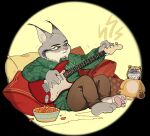 anthro barefoot black_ear_tips bottomwear brown_bottomwear brown_clothing brown_pants canada_lynx cheek_tuft cheese_puffs clothing dipstick_ears disney ear_markings electric_guitar facial_tuft feet felid feline fur green_clothing green_sweater green_topwear grey_body grey_fur guitar hjdoak lynx male male/male mammal milton_lynxley multicolored_ears musical_instrument pants pawbert_lynxley pawpads pillow pink_nose pink_pawpads playing_guitar playing_music plucked_string_instrument plushie simple_background solo string_instrument sweater teddy_bear topwear tuft whiskers white_body yarn yellow_eyes zootopia