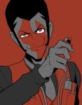 1boy black_hair black_shirt burn_scar closed_mouth commentary detonator english_commentary evil_smile explosive facial_hair facial_mark fake_lupin_(zenigata_to_futari_no_rupan) formal_clothes grey_eyes grey_necktie hansodeya holding holding_detonator limited_palette long_sleeves looking_at_viewer lupin_iii male_focus necktie red_background scar shirt short_hair sideburns simple_background smile solo wire zenigata_to_futari_no_rupan 