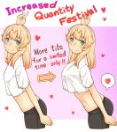  1girl arm_up arrow_(symbol) ass_expansion black_shorts blonde_hair blue_eyes border breast_expansion breasts bridget_(guilty_gear) character_request check_character closed_mouth commentary crop_top english_commentary english_text guilty_gear heart highres leaning_forward light_blush long_hair looking_at_viewer medium_breasts midriff multiple_views navel polka_dot polka_dot_background purple_background shirt short_sleeves shorts small_breasts smile speech_bubble split_mouth spoken_heart sugajyun upper_body v white_border white_shirt 