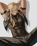  1boy :d arms_behind_head black_jacket black_shirt blonde_hair commentary curtained_hair facial_mark grin hair_over_shoulder highres jacket leather leather_jacket looking_to_the_side male_focus muscular muscular_male omniscient_reader's_viewpoint open_fly papercider ponytail shirt sleeveless sleeveless_jacket sleeveless_shirt smile solo spread_legs sun_wukong_(omniscient_reader's_viewpoint) symbol-only_commentary tan tight_clothes tight_shirt wide_spread_legs yellow_eyes 