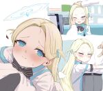  1boy 1girl angel's_24_uniform_(blue_archive) apron belt bilingual_commentary black_belt black_bow black_bowtie black_necktie blonde_hair blue_apron blue_archive blue_eyes blue_halo blush bow bowtie closed_mouth commentary esearu flying_sweatdrops forehead grey_pants halo hand_on_another's_cheek hand_on_another's_face headpat height_difference highres hug long_hair mixed-language_commentary multiple_views necktie one_eye_closed open_mouth paid_reward_available pants shirt sora_(blue_archive) store_clerk striped_bow striped_bowtie striped_clothes sweat two_side_up v-shaped_eyebrows white_shirt white_wings wings 