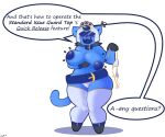 2018 anthro armor belt big_breasts blue_body blue_hair blue_tongue blush blush_lines breasts clothing collar colored cute_fangs digital_drawing_(artwork) digital_media_(artwork) fangs felid feline female gloves hair handwear headgear helmet hi_res holding_bikini_top holding_breast legwear mammal markings mole_(marking) outletdraws signature solo sonya_(averyshadydolphin) speech_bubble stockings sweating_profusely tail teeth tongue visor