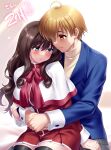  1boy 1girl ahoge arms_around_waist backlighting bed_sheet black_thighhighs blonde_hair blue_eyes blue_jacket blush bow bowtie brown_hair capelet closed_mouth commentary_request commission couple cowboy_shot curly_hair dress green_pants hair_between_eyes hand_on_another's_thigh hetero highres hug hug_from_behind jacket kanon kitagawa_jun lips long_hair long_sleeves looking_at_another looking_down misaka_kaori own_hands_together pants plaid_clothes plaid_pants red_bow red_bowtie red_dress school_uniform second-party_source shirt short_dress short_hair shy sidelocks signature simple_background sitting skeb_commission tareme thighhighs turtleneck turtleneck_shirt wavy_hair white_background white_capelet yellow_shirt zen_(kamuro) zettai_ryouiki 