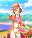  1girl ;( animal_ears asymmetrical_legwear basket blue_sky bob_cut bow breasts brown-framed_eyewear buttons closed_mouth cloud coat coattails contrapposto cowboy_shot day diagonal-striped_bow diamond_print double-breasted double-parted_bangs easter easter_egg egg flower flower_bed frown game_cg gloves green_eyes hand_up hat hat_bow hat_with_ears holding holding_basket holding_egg large_breasts long_sleeves looking_at_object lop_rabbit_ears mountain neckerchief official_art one_eye_closed orange_bow orange_coat orange_flower orange_hat orange_pants orange_tulip outdoors pants path pink_bow pink_flower pink_neckerchief pink_tulip pinstripe_pants pinstripe_pattern purple_flower rabbit_ears red_flower red_hair red_tulip short_hair sky solo striped_bow striped_clothes striped_neckerchief striped_pants tailcoat third-party_source toji_no_miko toji_no_miko:_kizamishi_issen_no_tomoshibi tree tulip vertical-striped_clothes vertical-striped_pants watanabe_emily white_flower white_gloves wicker_basket 