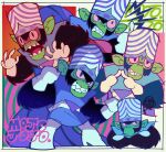  1boy angry belt black_eyes black_fur blue_tunic boots cape chimpanzee colored_sclera colored_skin commentary crossed_arms english_commentary english_text gloves green_skin helmet highres looking_to_the_side male_focus mojo_jojo multiple_expressions multiple_views nervous pink_sclera powerpuff_girls purple_cape sleeveless solo teeth the_noodle_(onebadnoodle) thigh_boots tunic v-shaped_eyebrows white_belt white_boots white_gloves 