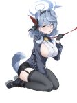  1girl absurdres ako_(blue_archive) animal_ears bell black_gloves black_hairband black_shoes black_skirt black_thighhighs blue_archive blue_eyes blue_hair blue_halo blue_shirt blush breasts commentary_request crossed_bangs crying dog_ears dog_tail extra_ears garter_straps gloves hair_between_eyes hairband halo highres large_breasts leash looking_to_the_side medium_hair neck_bell open_mouth shirt shoes sideboob sideless_shirt sitting skirt solo tail thighhighs thighs white_shirt xiaoxiaoyifan 