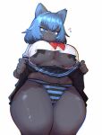 anthro big_breasts biped blue_hair bottomwear breasts clothed clothing clothing_lift domestic_cat eyebrows felid feline felis female fingers front_view hair hi_res mammal mouth_closed nipple_tape panties pasties pupils simple_background skirt skirt_lift solo tape thick_thighs topwear underwear xeppir