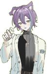  1boy animal_ear_fluff animal_ears black_shirt blue_streaks bone_necklace cardigan claw_pose costume_request dog_boy dog_ears fingernails hair_between_eyes hand_up kamishiro_rui kemonomimi_mode male_focus mechiru paw_print project_sekai purple_hair shirt short_hair simple_background solo tongue tongue_out turtleneck white_background white_cardigan yellow_eyes 