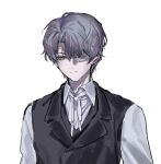  1boy black_vest closed_mouth collared_shirt daan_(fear_&amp;_hunger) even_47 eyepatch fear_&amp;_hunger_(series) fear_&amp;_hunger_2:_termina grey_eyes grey_hair grey_ribbon hashtag-only_commentary highres male_focus medical_eyepatch neck_ribbon ribbon shirt short_hair simple_background solo upper_body vest white_background white_shirt 