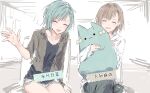  2girls :3 :d ^_^ animalization bang_dream! bang_dream!_girls_band_party! black_shirt blush brown_hair closed_eyes collared_jacket commentary grey_jacket grey_pants hand_up highres hikawa_hina jacket medium_hair multiple_girls open_clothes open_jacket open_mouth pants shirt short_shorts shorts sketch_background smile stuffed_animal stuffed_cat stuffed_toy white_shorts yamato_maya yukitake_(bullfalk) 