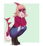 absurd_res akky19 anthro artist_name blonde_hair blue_background blue_eyes bone_frill boots border bottomwear cavemanon_studios clothed clothed_anthro clothed_female clothing colored crouching denim denim_bottomwear denim_clothing dinosaur female fingers footwear frill_(anatomy) hadrosaurid hair heart_symbol hi_res high_heeled_boots high_heels humanoid_hands i_wani_hug_that_gator jacket jeans looking_at_viewer medium_hair mia_moretti ornithischian ornithopod pants parasaurolophus pink_body pink_clothing pink_jacket pink_topwear prehistoric_species reptile scalie shaded shoes simple_background smile solo spiked_tail spikes spikes_(anatomy) tail text topwear torn_bottomwear torn_clothing torn_pants white_body white_border