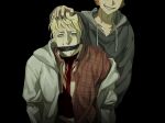  2boys arms_behind_back bleeding blonde_hair blood bound bound_arms boyfriend_to_death brown_hair collared_shirt commentary constricted_pupils cowboy_shot crying crying_with_eyes_open english_commentary gag gagged grin half-closed_eyes highres hood hood_down hoodie improvised_gag injury jacket jacket_partially_removed lawrence_oleander looking_at_viewer multiple_boys ren_hana_(boyfriend_to_death) saliva scar scar_on_face shirt short_hair slit_throat smile smirk soureeeee tape tape_gag tears 