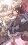  1girl absurdres animal_ear_fluff animal_ears black_kimono blue_archive breasts character_doll cleavage colored_inner_hair commentary_request cooking cooking_pot doll eyeshadow floral_print_sleeves fox_ears fox_girl fox_tail from_above from_behind full_body gyu_chul halo highres holding holding_ladle japanese_clothes kimono kitchen ladle looking_at_viewer looking_back makeup multicolored_hair no_shoes red_eyeshadow red_halo smile solo standing tail tail_ornament wakamo_(blue_archive) yellow_eyes 