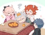  0nodera 2boys 2girls ahoge beads black_ribbon blank_eyes closed_eyes commentary_request fate/grand_order fate_(series) food fruit fujimaru_ritsuka_(female) grey_hair hair_beads hair_ornament japanese_clothes kimono kotatsu long_sleeves mandarin_orange multiple_boys multiple_girls nagakura_shinpachi_(fate) okita_souji_(fate) old old_man one_side_up open_mouth orange_peel pink_hair ribbon saitou_hajime_(fate) short_hair sweater table watermark white_sweater 