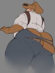anthro big_butt bottomwear brown_body brown_fur butt clothed clothing fur grey_background grey_bottomwear grey_clothing grey_pants hi_res male muh-laid-eeh nervous open_mouth overweight overweight_anthro overweight_male pants rear_view sam_and_max samuel_dog simple_background solo topwear torn_bottomwear torn_clothing torn_pants white_clothing white_topwear