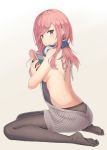  1girl absurdres bangs bare_arms bare_back bare_shoulders black_legwear blue_eyes blush book breasts closed_mouth commentary_request feet fingernails from_behind full_body go-toubun_no_hanayome hair_between_eyes headphones headphones_around_neck highres holding holding_book long_hair looking_at_viewer looking_back meme_attire nakano_miku pantyhose pink_hair seiza sideboob simple_background sitting smile soles solo thighs toes unicron_(brous) virgin_killer_sweater 
