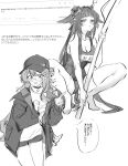  2girls :d absurdres alternate_costume arknights baseball_cap blueh breasts choker cleavage commentary_request death_unagi expressionless fan_request flower glasses greyscale hair_bun hair_flaps hair_flower hair_intakes hair_ornament haruka_(arknights) hat highres holding holding_staff jacket jewelry large_breasts long_hair looking_at_viewer mio_(arknights) monochrome multiple_girls name_tag necklace nervous_smile odaibako one-piece_swimsuit open_clothes open_jacket parted_lips pointing pointy_ears round_eyewear school_swimsuit shirt short_shorts shorts simple_background smile squatting staff sweatdrop swimsuit translation_request very_long_hair white_background 