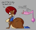anthro balls big_balls big_butt big_penis bodily_fluids boots breasts brown_body brown_hair buckteeth butt chipmunk clothing dialogue dorkzone duo erection featureless_breasts female footwear genital_fluids genitals ground_squirrel hair lying male male/female mammal nervous nervous_smile on_front penis pink_penis precum rodent saggy_balls sally_acorn sciurid sega shoes sonic_the_hedgehog_(series) teeth topwear vest