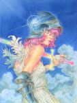  1girl angel_wings beachghost blue_background cloud dress energy_sword eyelashes fingernails gauntlets green_eyes helmet highres knight lips long_fingernails nose original pink_hair pink_nails reflection sky solo sword upper_body weapon white_dress wings 