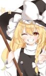  1girl black_hat black_vest blonde_hair blush bow braid commentary_request grin hair_bow hat hat_bow highres kirisame_marisa long_hair long_sleeves looking_at_viewer one_eye_closed ringo33757 side_braid single_braid smile solo touhou v vest white_bow witch_hat 
