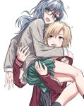  !? 2girls :d @_@ asahi_rokka bang_dream! bang_dream!_girls_band_party! black_shirt blazer blonde_hair blue_hair carrying carrying_person commentary embarrassed green_eyes green_skirt grey_jacket haneoka_school_uniform jacket long_hair long_sleeves looking_at_another miniskirt multiple_girls open_clothes open_jacket open_mouth pleated_skirt red_jacket sato_masuki school_uniform shirt short_hair skirt smile winter_uniform yellow_eyes yukitake_(bullfalk) 